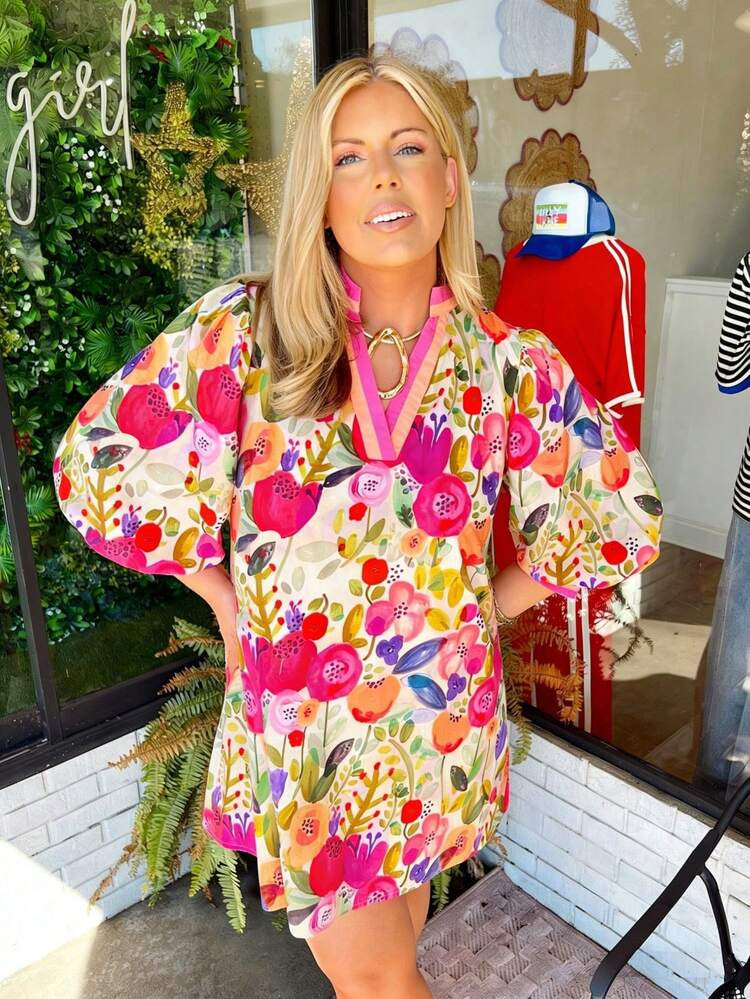 Women's Colorful Floral Shift Dress - Puff Sleeve V-Neck Loose Fit Vacation Dress, Summer Beach Cover Up Casual Party Dress | SHEIN