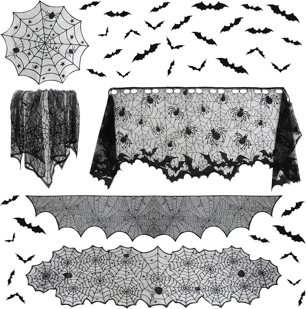 5 Pack Halloween Decorations Set Black Lace Tablecloth Round Cobweb Table Cover Fireplace Scarf R... | Amazon (US)