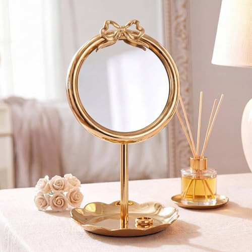 Sliner Bow Vanity Makeup Mirror with Jewelry Tray 11.8'' Tabletop Round Gold Electroplated One Sided Mirror for Bedroom Bathroom Dresser Vintage Aesthetic Room Decor for Women Girls(Cottage Bow) | Amazon (US)