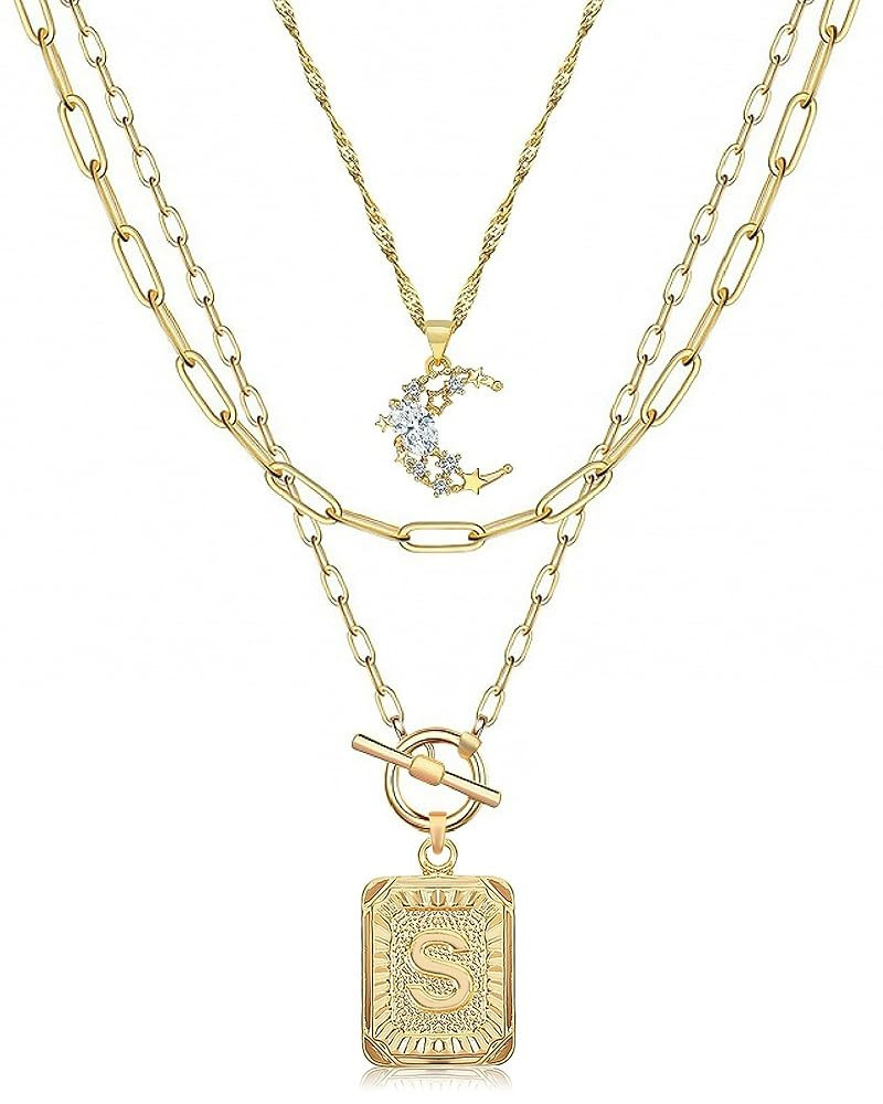 MJartoria Layered Initial Necklaces for Women Trendy, 14K Gold Plated Simple Moon Choker Square L... | Amazon (US)