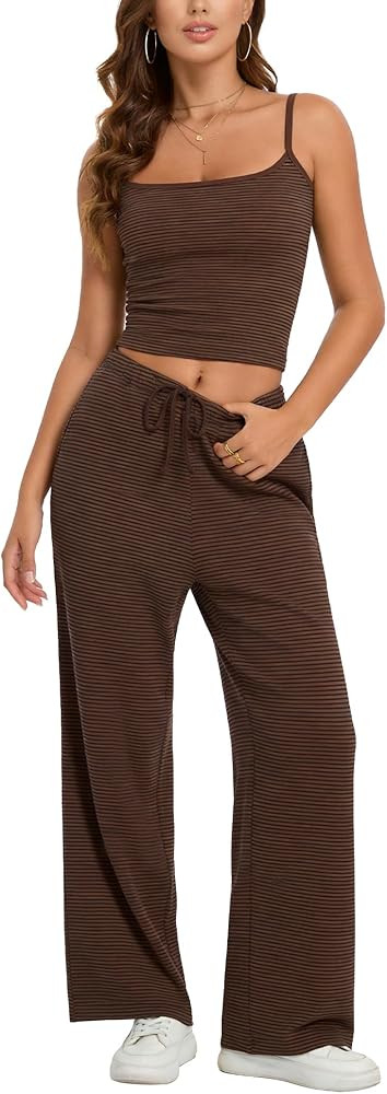 FAIABLE 2 Piece Sets for Women Striped Cami Wide Leg Pants Y2K Lounge Set Vacation Summer Beach C... | Amazon (US)