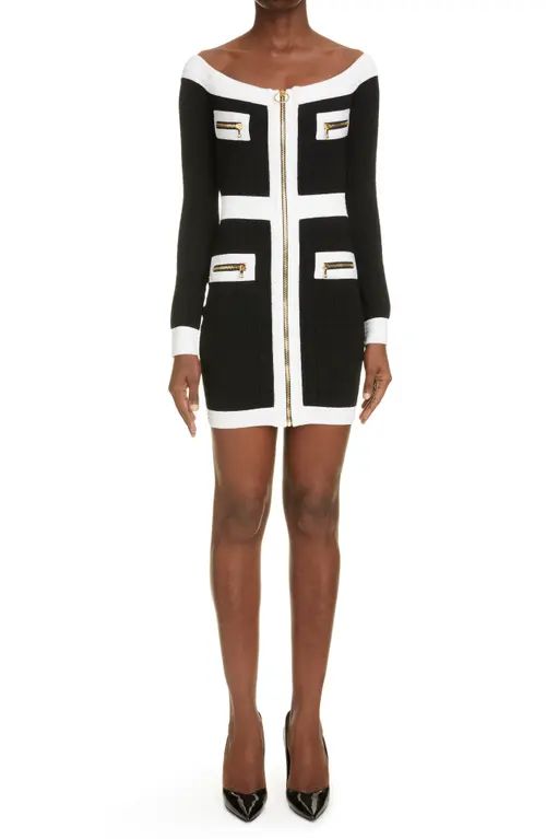 Balmain Off the Shoulder Long Sleeve Body-Con Sweater Minidress in Eab Noir/Blanc at Nordstrom, Size | Nordstrom