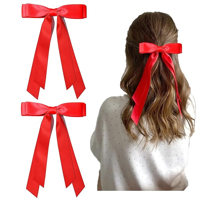 Ayesha Red Hair Bows Clips Red Satin Ribbon Bows with Long Tail Christmas Hair Bows Barrettes Hai... | Amazon (US)