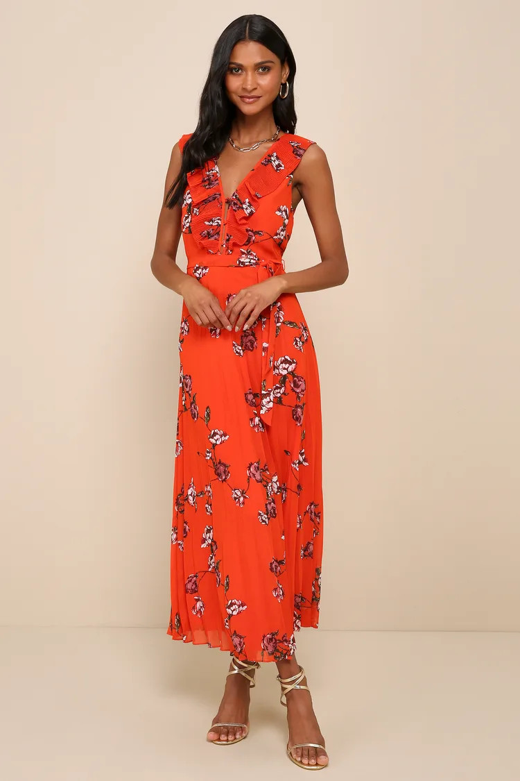 Loved By You Red Orange Floral Print Pleated Chiffon Maxi Dress | Lulus