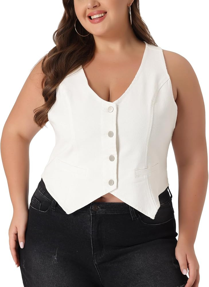Agnes Orinda Plus Size Denim Vest for Women Jean Vests Top Button Down Waistcoat Casual Sleeveles... | Amazon (US)