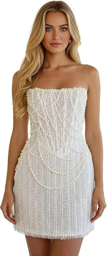 Pearls Beaded Sequins Prom Dresses 2026 for Women Strapless Mini/Midi Evening Gowns Formal | Amazon (US)
