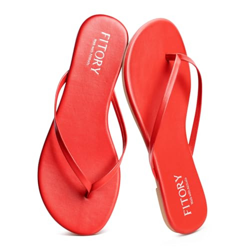 FITORY Women’s Flip Flops, Fashion Casual Thong Walking Slide with Vegan Leather, Comfortable Summer Beach Flat Sandals for 2026 Indoor and Outdoor Red Size 8 | Amazon (US)