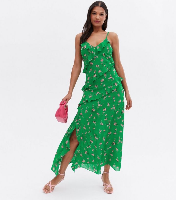 Green Rose Chiffon Ruffle Midi Dress
						
						Add to Saved Items
						Remove from Saved Item... | New Look (UK)