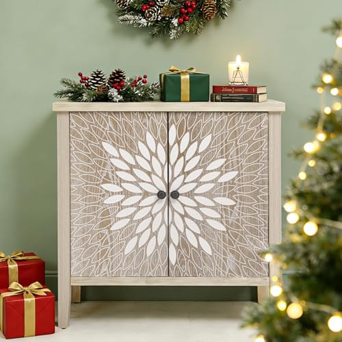 YHAOWORKS 31.5" 2 Door Carved Accent Cabinet with Storage, Farmhouse Sideboard with Adjustable Shelf, Vintage Wood Storage Cabinet for Entryway, Living Room, Kitchen, Natural | Amazon (US)