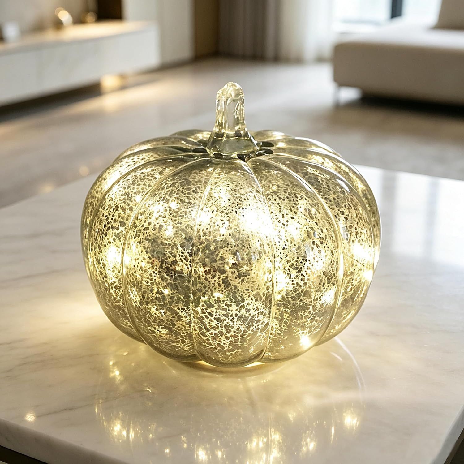Mercury Glass Pumpkin Light with Timer, with 10 Fairy Lights Inside, Battery Operated Led Pumpkin Lamp, Ideal for Halloween Fall Decoration, Thanksgiving Rustic Decor, Xmas Décor (Silver) | Amazon (US)
