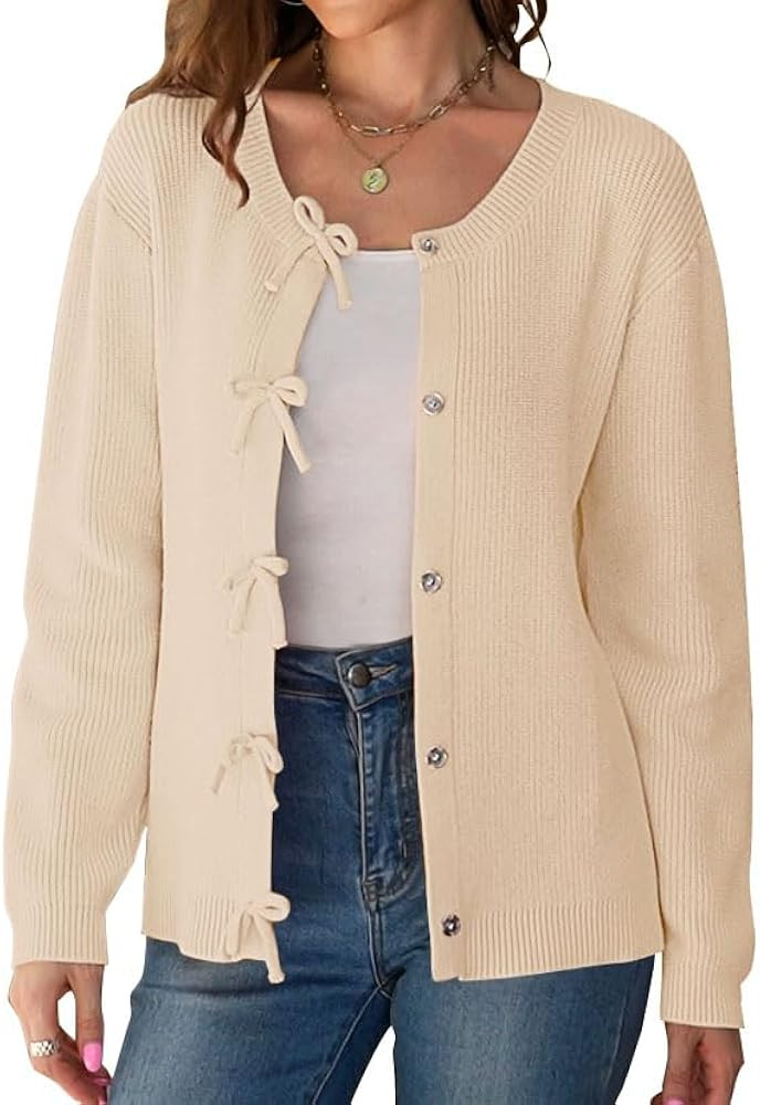 Women's Cardigan Sweaters Bow Button Down Cardigans Fall Fashion Clothes Knit Tie Open Front Coat... | Amazon (US)