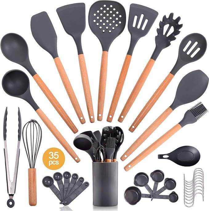 35PCS Silicone Kitchen Cooking Utensil Set with Storage Box for Countertop,Wooden Cook Gadgets Ki... | Amazon (US)