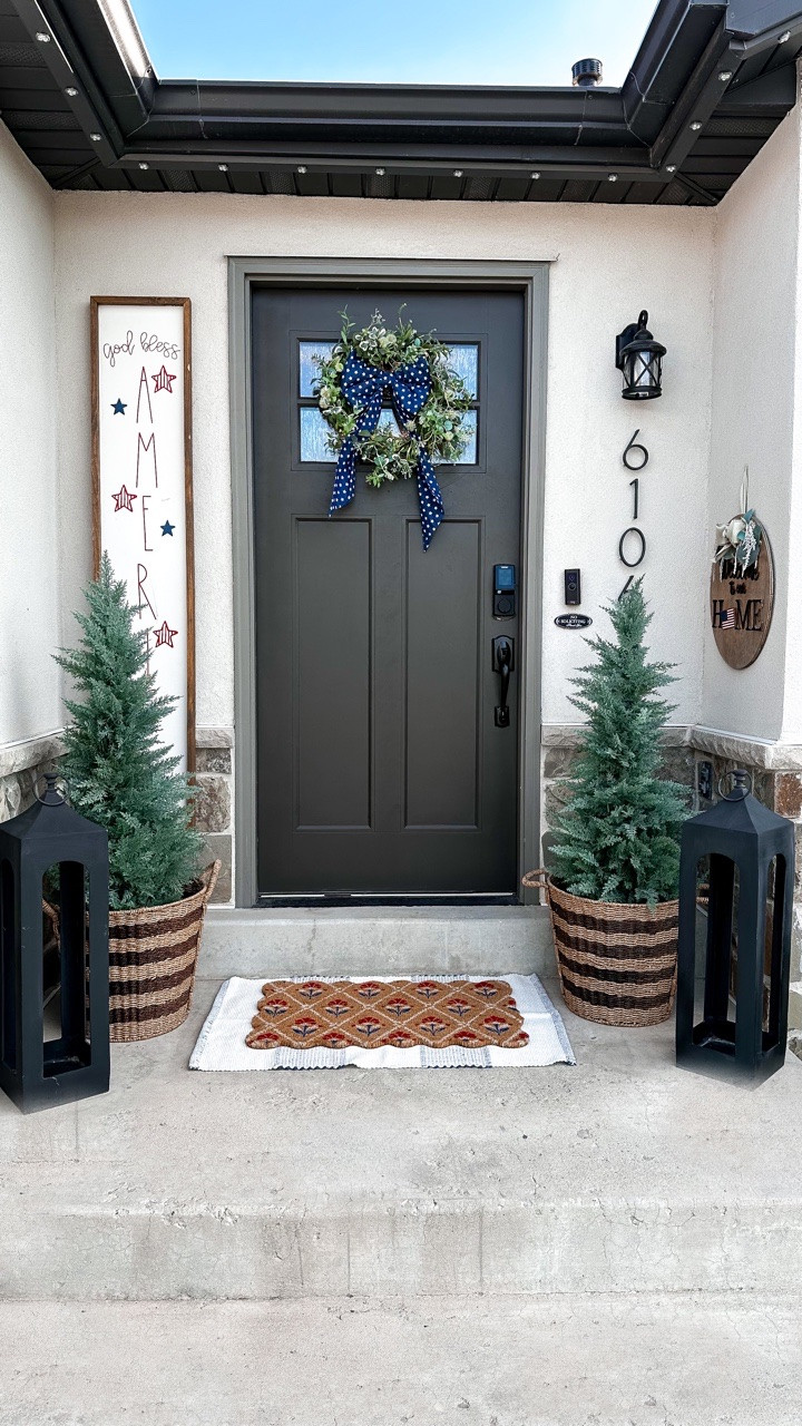 Proof that home doesn’t have to be perfect to feel beautiful ❤️🤍💙

The concrete is chipped, the Easter rug clearly didn’t get the calendar update 🐰😂, but a little porch refresh and some Americana touches still made this space feel happy again.

Tell me I’m not the only one with seasonal decor overstaying its welcome 😅
#ourhousetoohome #americana  #walmart #frontporch #frontporchdecor