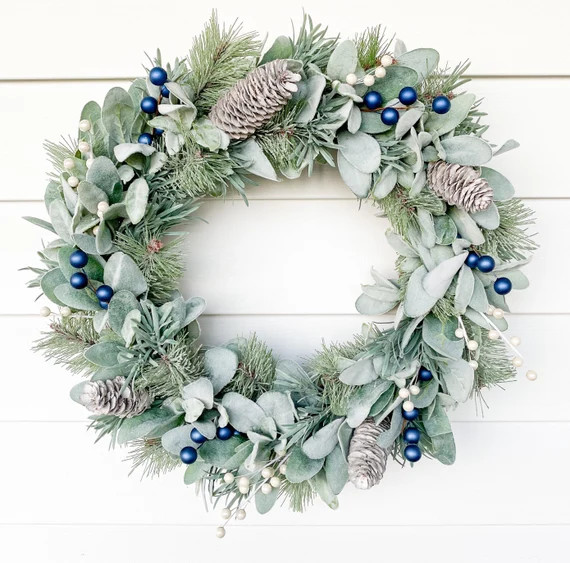 Lambs Ear Winter Wreath with Blue And White Berries| Frosted Pine Wreath| Winter Front Door Decor... | Etsy (US)