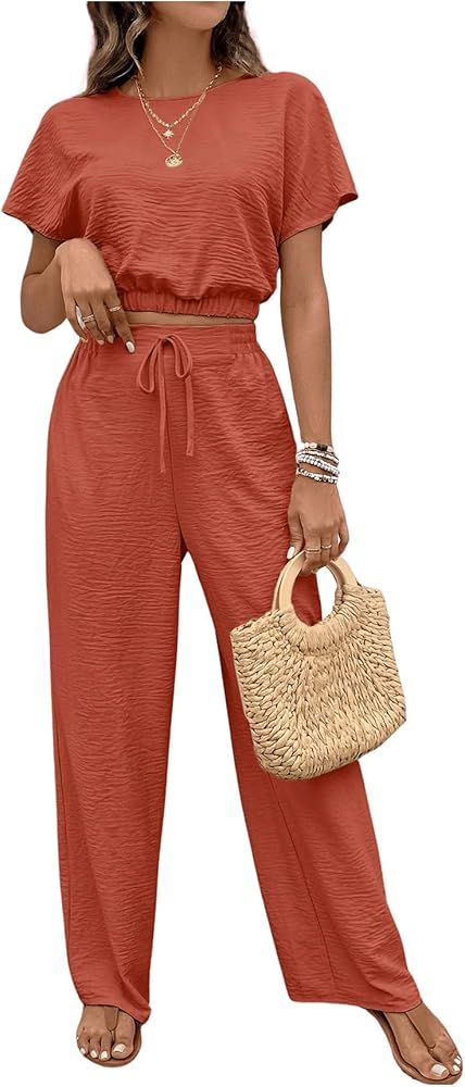 GORGLITTER Women's 2 Piece Linen Outfits Lounge Set Short Dolman Sleeve Crop Top and Drawstring W... | Amazon (US)