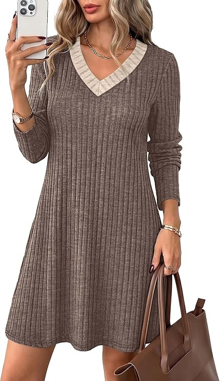 OFEEFAN Fall Dresses for Women Color Block V Neck Long Sleeve Sweater Dress | Amazon (US)