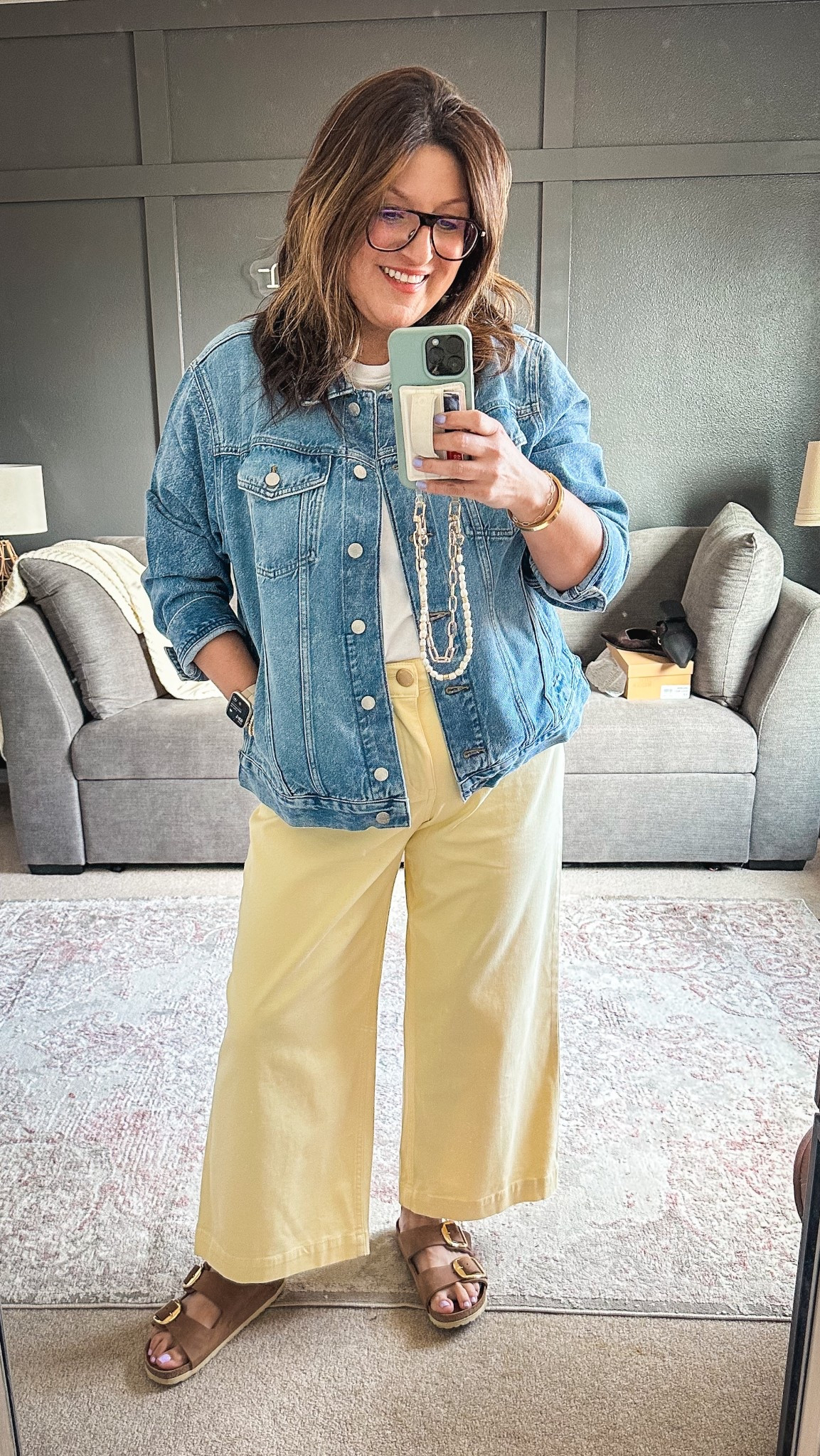 Wit & Wisdom yellow pants (14), white tee (XL), J. Crew Factory relaxed denim jacket (12), Birkenstock sandals 

#LTKOver40 #LTKMidsize #LTKSaleAlert