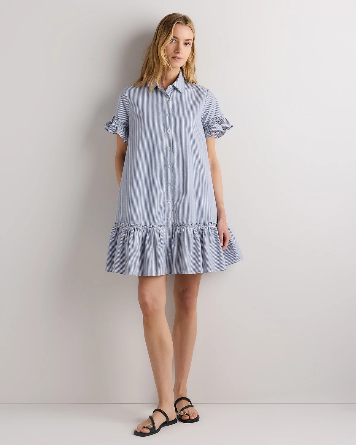 100% Organic Cotton Poplin Short Sleeve Ruffle Shirt Dress | Quince