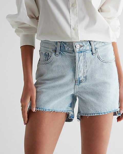 Mid Rise Light Wash Drop Hem Midi Jean Shorts | Express
