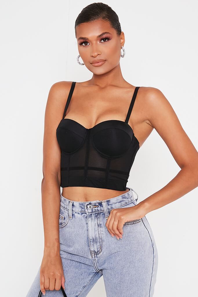 Black Corset Style Mesh Panel Bust Cup Bralet | ISAWITFIRST
