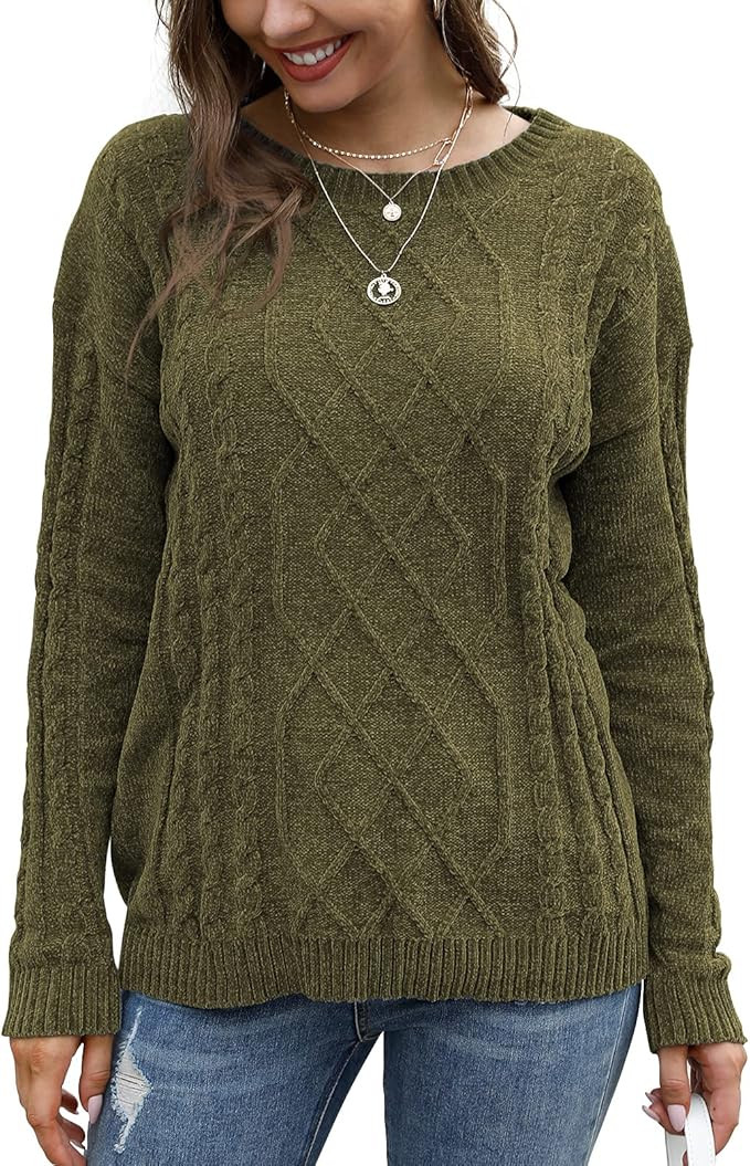 Feiersi Women's Pullover Sweater Casual Crewneck Long Sleeve Cable Knit Chunky Jumper Tops | Amazon (US)