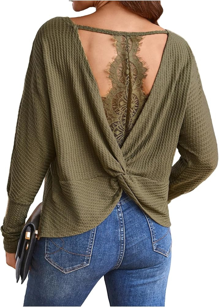 SOLY HUX Women's Long Sleeve Shirts Lace Open Back T-Shirt Casual Textured Waffle Knit Tee Tops | Amazon (US)