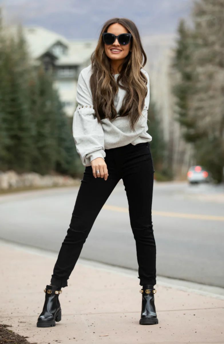 Morning Chill Studded Heather Grey Sweatshirt | Apricot Lane Boutique