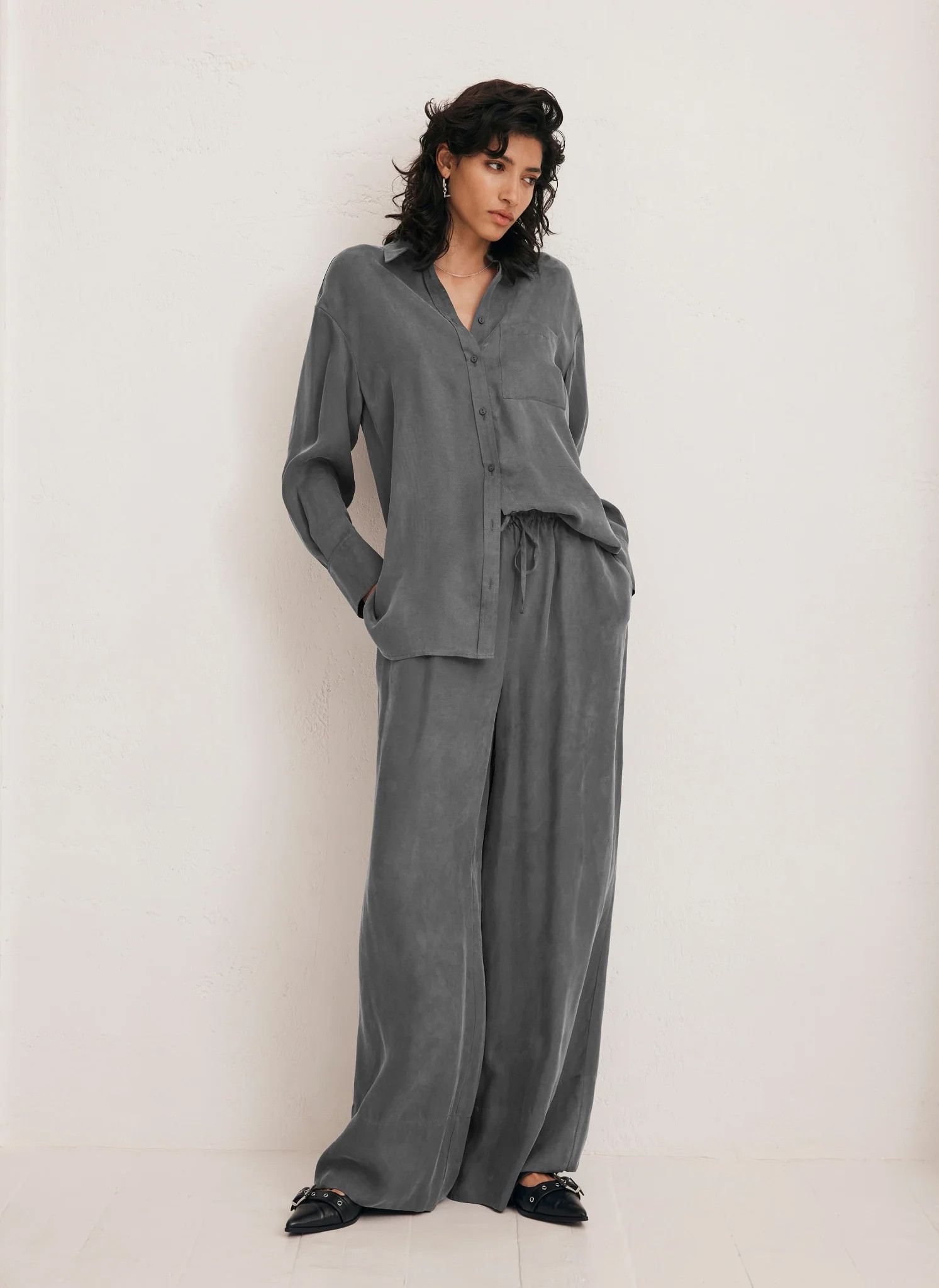 Grey Drawstring Wide Trousers | Mint Velvet