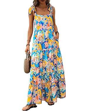 PRETTYGARDEN Women Dresses 2024 Summer Floral Sleeveless Maxi Dress Casual Spaghetti Strap Tiered... | Amazon (US)
