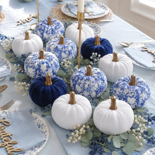 Geelin 12 Pcs Blue White Orange Pumpkins Thanksgiving Fall Small Fabric Pumpkin Artificial Chinoiserie Autumn Decor for Fall Thanksgiving Table Centerpiece Mantel Farmhouse(Blue White) | Amazon (US)