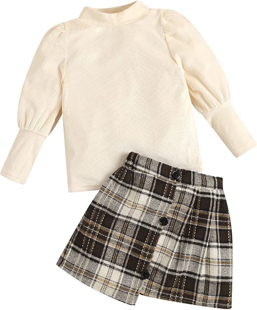 Little Kids Toddler Baby Girl Fashion Outfits Knitted T-Shirt Tops Plaid Mini Skirt Set 2Pcs Spring  | Amazon (US)