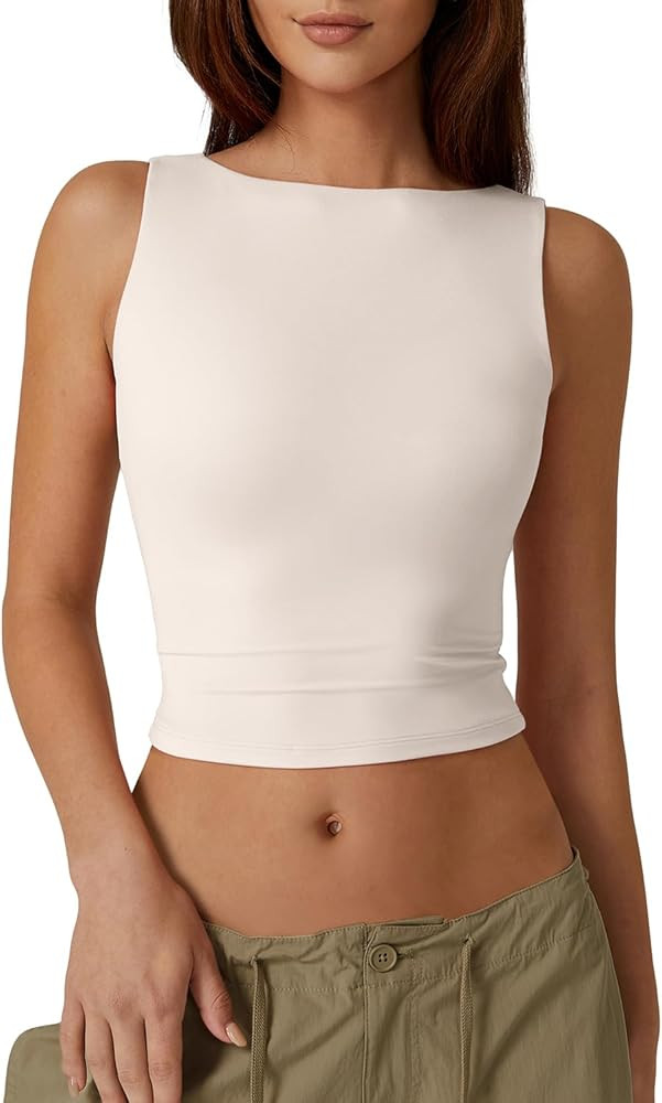 QINSEN Women's Sexy Open Back Sleeveless Crop Tank High Neck Slim Fit Cropped Tee Shirt Y2k Tops | Amazon (US)