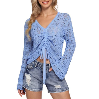 Clearlove Womens Boho Sheer Crop Tops Drawstring Knitted,Off Shoulder Sheer Crop Tops,Blue,L | Target