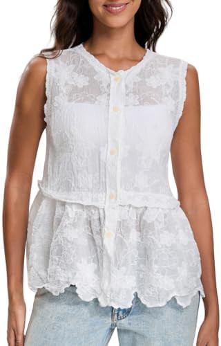 Womens Summer Boho Tank Button Down Sleeveless Vacation Tops Ruffle Knit Embroidered Spring Vest | Amazon (US)