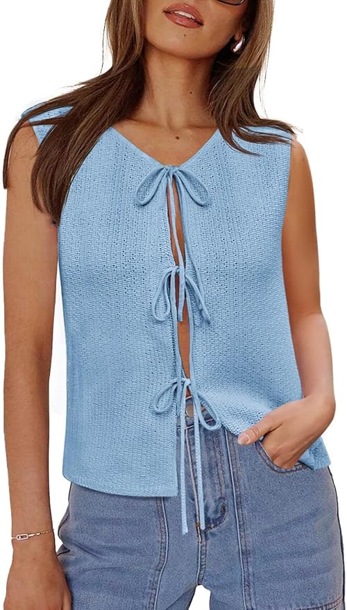 Yousify Women’s Tie Front Sweater Vest 2025 Summer Sleeveless Crochet Knit Tops Lightweight Car... | Amazon (US)