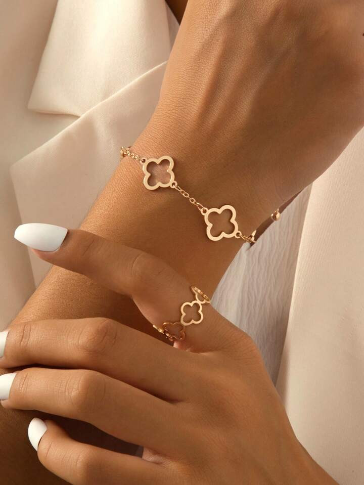 1set Lucky Flower Design Bracelet & Ring Set For Women, Suitable For Daily & Party Wear, Four Lea... | SHEIN