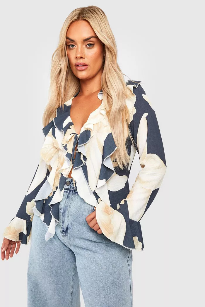 Plus Floral Double Ruffle Frill Blouse | Boohoo.com (UK & IE)