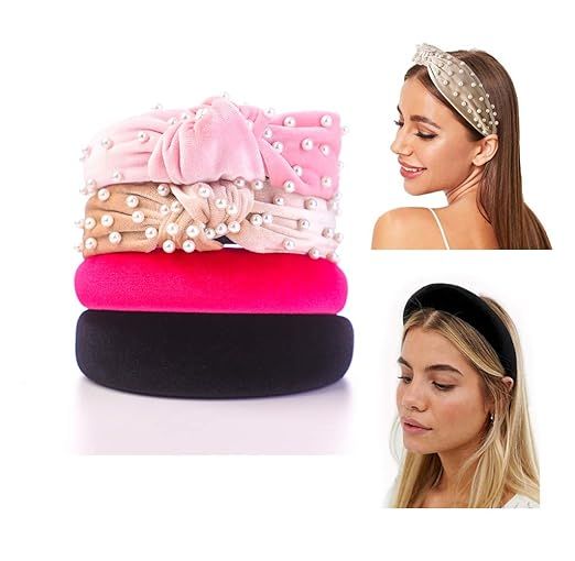 Velvet Headbands Padded Headband for Women Pearl Knot Fashion 4 Pack Knotted Thick Vintage Twiste... | Amazon (US)