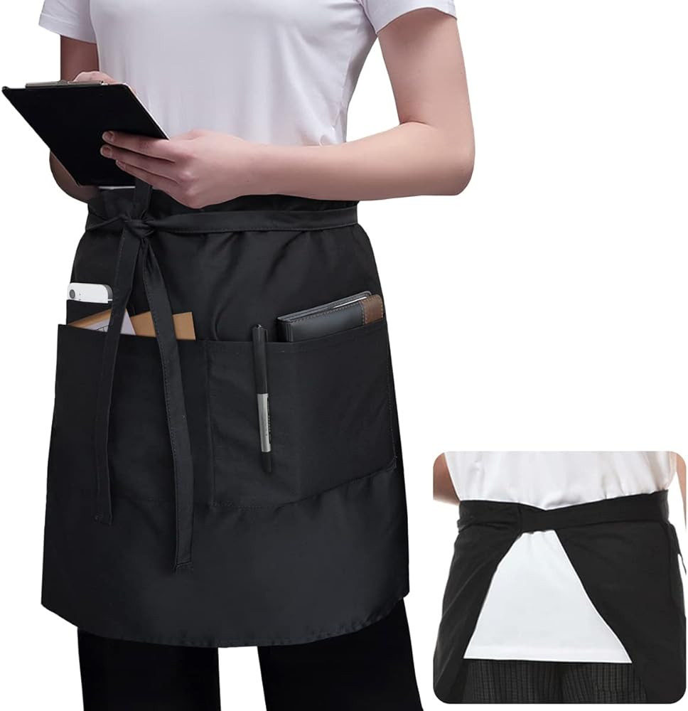ROTANET Server Apron Black with 3 Pockets 22 Inch Long Waiter Waitress Bistro Half Waist Aprons f... | Amazon (US)