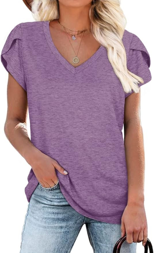 WIHOLL Womens Tops V Neck Summer Petal Sleeve Casual Tshirts | Amazon (US)
