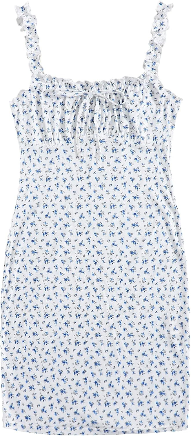 SheIn Women's Floral Ruched Mini Bodycon Dress Tie Front Frill Sleeveless Short Dresses | Amazon (US)