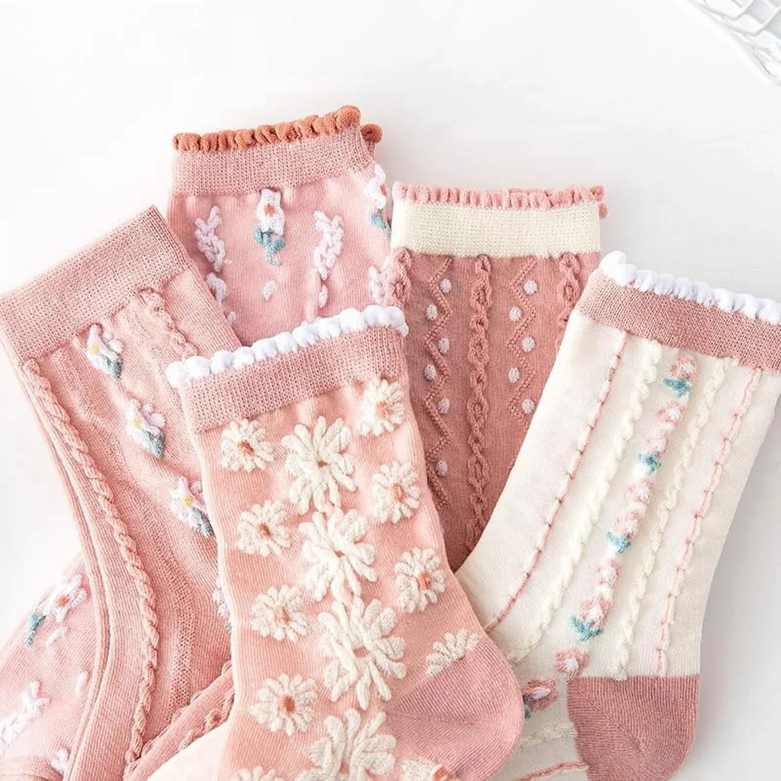 HonestMatter Socks for Women, Lace Trim Ruffle Socks, Vintage Floral Pattern Cotton Blend Womens Socks, Pink, 5 Pair - Walmart.com | Walmart (US)