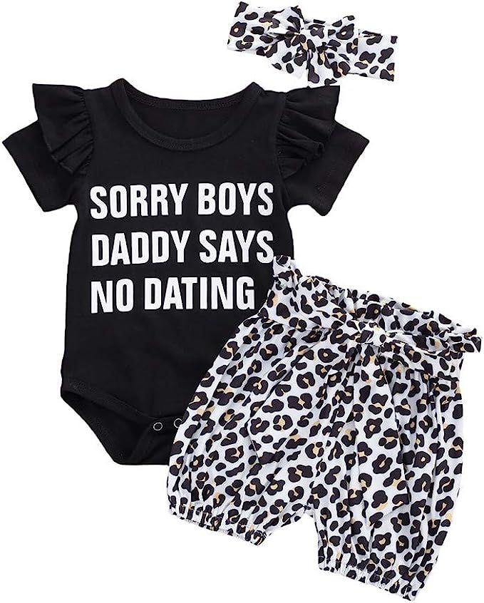 Infant Baby Girls Daddy Saying Clothes Ruffle Romper Bodysuit &Leopard Harem Shorts Outfits Set | Amazon (US)