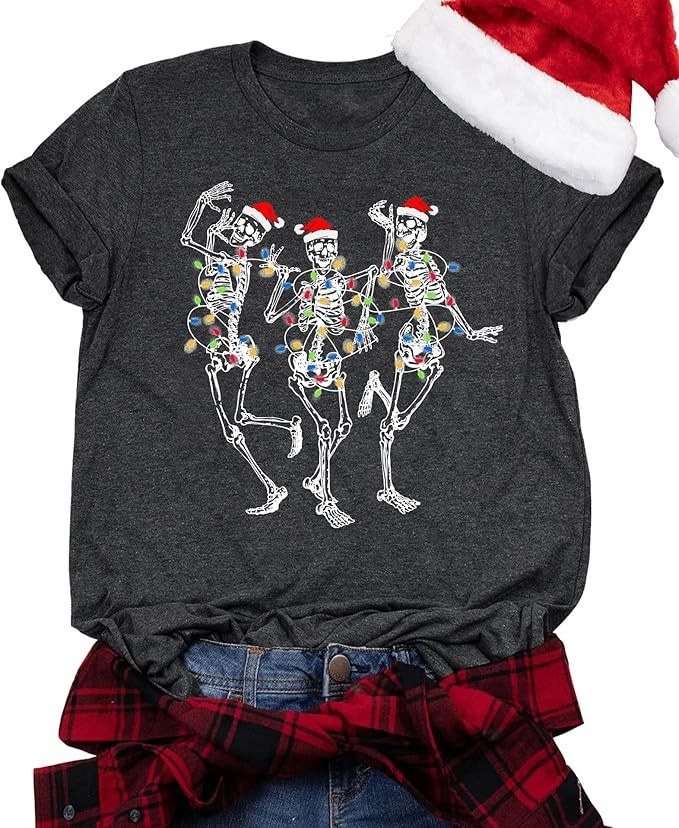 Dancing Skeleton Shirt for Women Christmas T-Shirt Xmas Skull Graphic Tees Holiday Tops Blouse Gi... | Amazon (US)