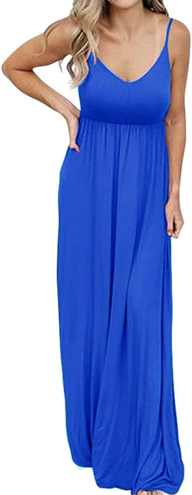 PALINDA Women's Sleeveless Summer V Neck Spaghetti Strap Casual Loose Empire Waist Maxi Dresses | Amazon (US)