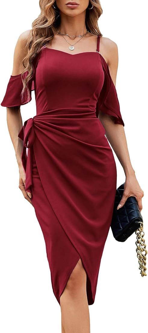 Women's Ruched Bodycon Dresses Off Shoulder Belted Ruffle Sleeve Midi Wedding Guest Wrap Dress | Amazon (US)