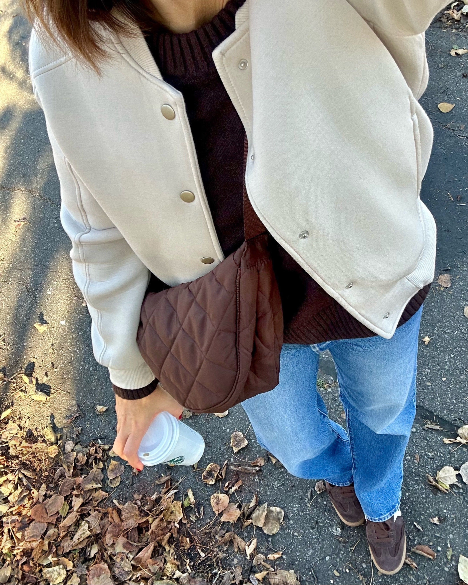 Today’s brown and beige errands outfit. Wearing my usual S in the brown sweater, it’s super soft and comes in several colors, and XS in the bomber jacket, has stretchy scuba material. I got it in the summer and XS was perfect over a tee, my usual S would be better over a sweater.
Wearing my usual size 27 in these straight leg jeans and the suede sneakers also fit tts. My quilted bag is new and a more updated version of the belt bag we all used to have! This one is bigger and only $20. Also linked the brown shoe laces I swapped out with the beige laces that came with the shoes. 


#LTKShoeCrush #LTKItBag #LTKStyleTip