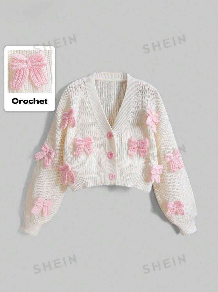 ROMWE Kawaii Women's Pink Three-Dimensional Bow Accessories Cute Girl Minimalist Sexy Cardigan | SHEIN