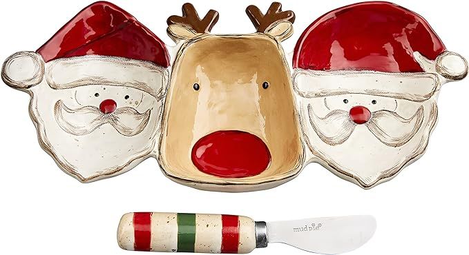 Mud Pie, Multi, Christmas Santa and Reindeer Triple Dip Serving Set, 5" x 11", dish spreader 5 1/... | Amazon (US)