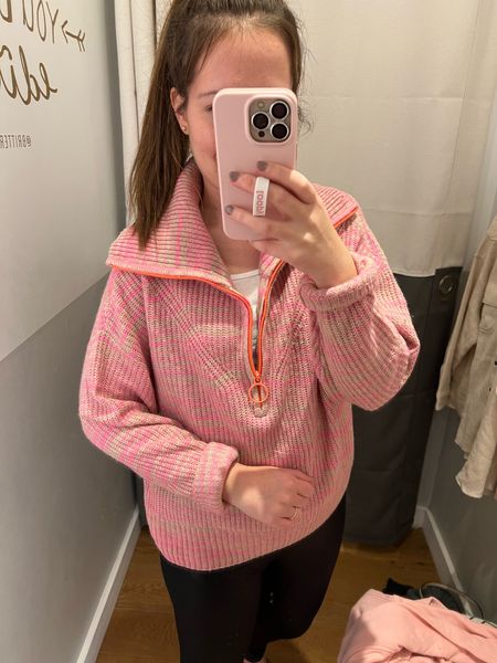 Loving the oversized collar trend for quarter zip sweaters! This pink sweater has a neon orange zipper and the pattern is pulling g major retro vibes 😍 

Sizing - tts (xs)



#LTKfit #LTKunder100 #LTKstyletip